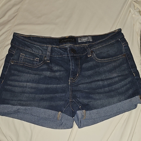 Blue Jean Shorts with Cuffed Hem and Distressed Look - Picture 1 of 4